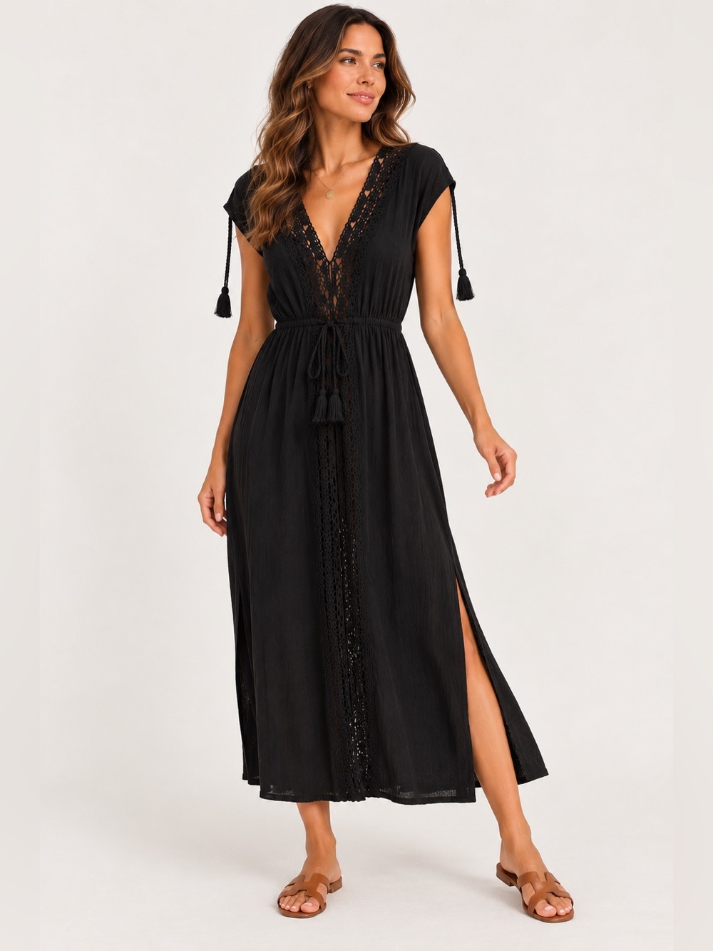 La Blanca Island Fare Cotton Black Crochet Cover-Up Midi length Size Medium